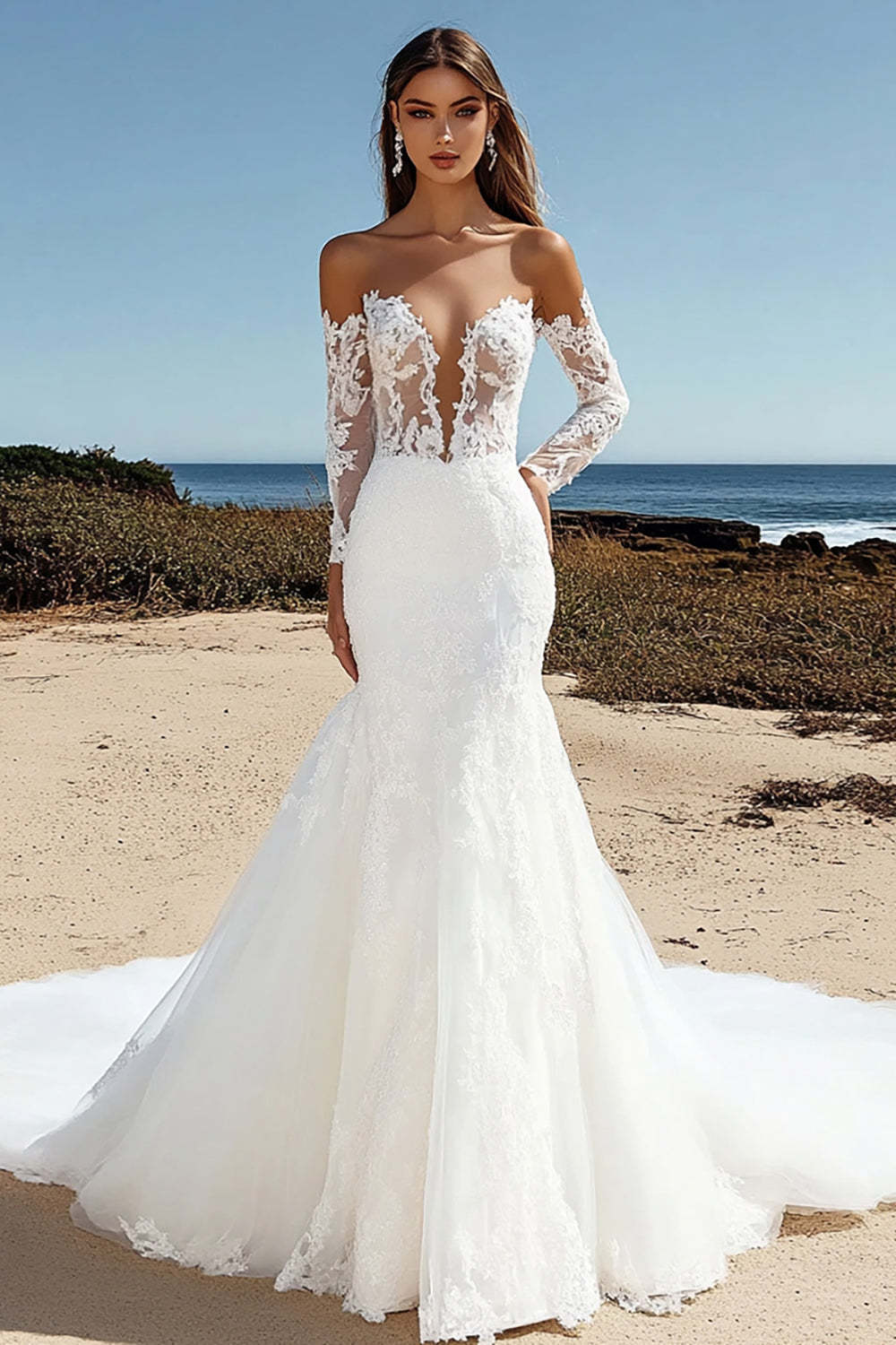 Leely Women Floral Ivory Lace Wedding Dress Corset Off the Shoulder Long Sleeves Bridal Dress