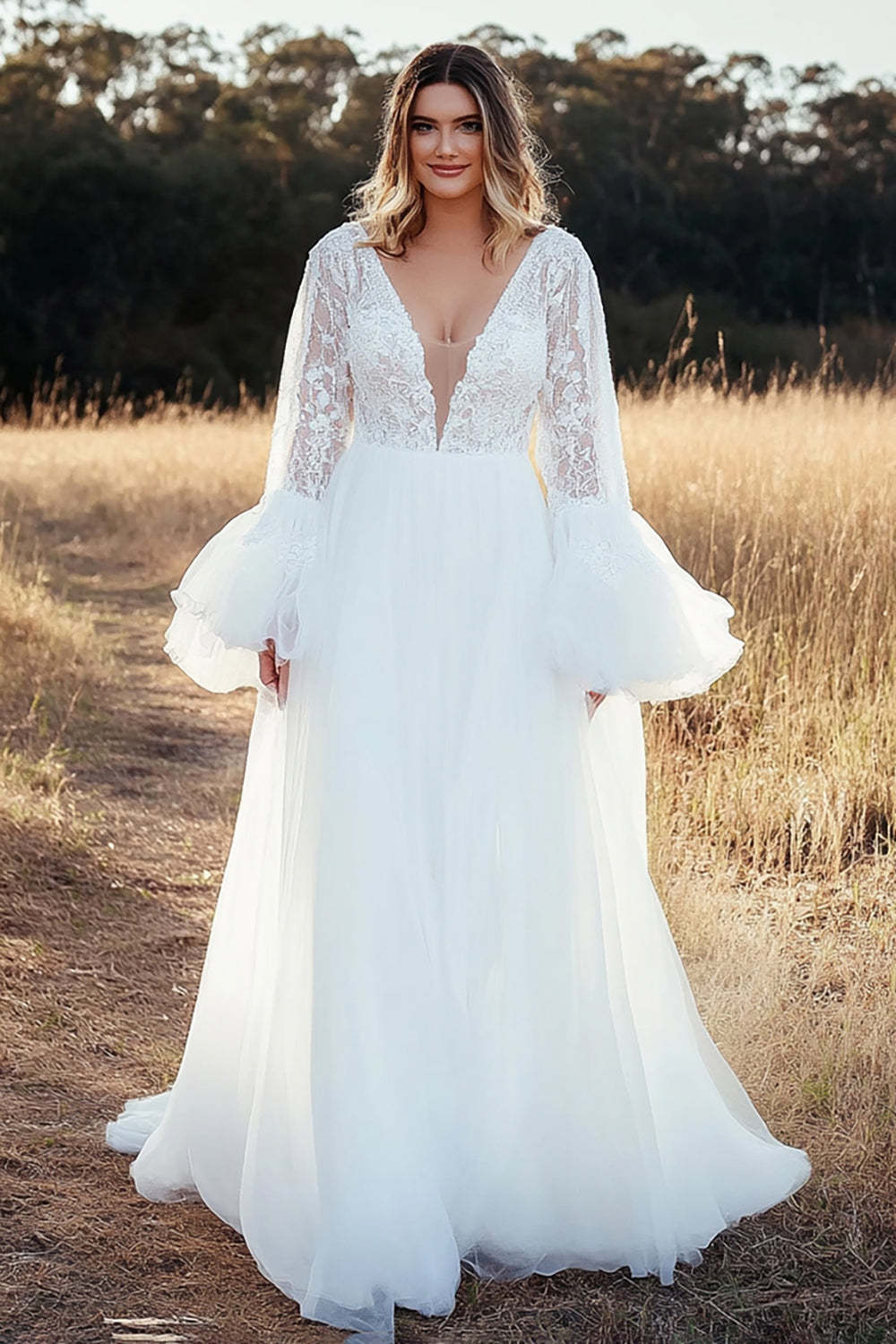 Leely Women Floral Ivory Tulle Wedding Dress with Lace A Line V-Neck Long Sleeves Maxi Bridal Dress