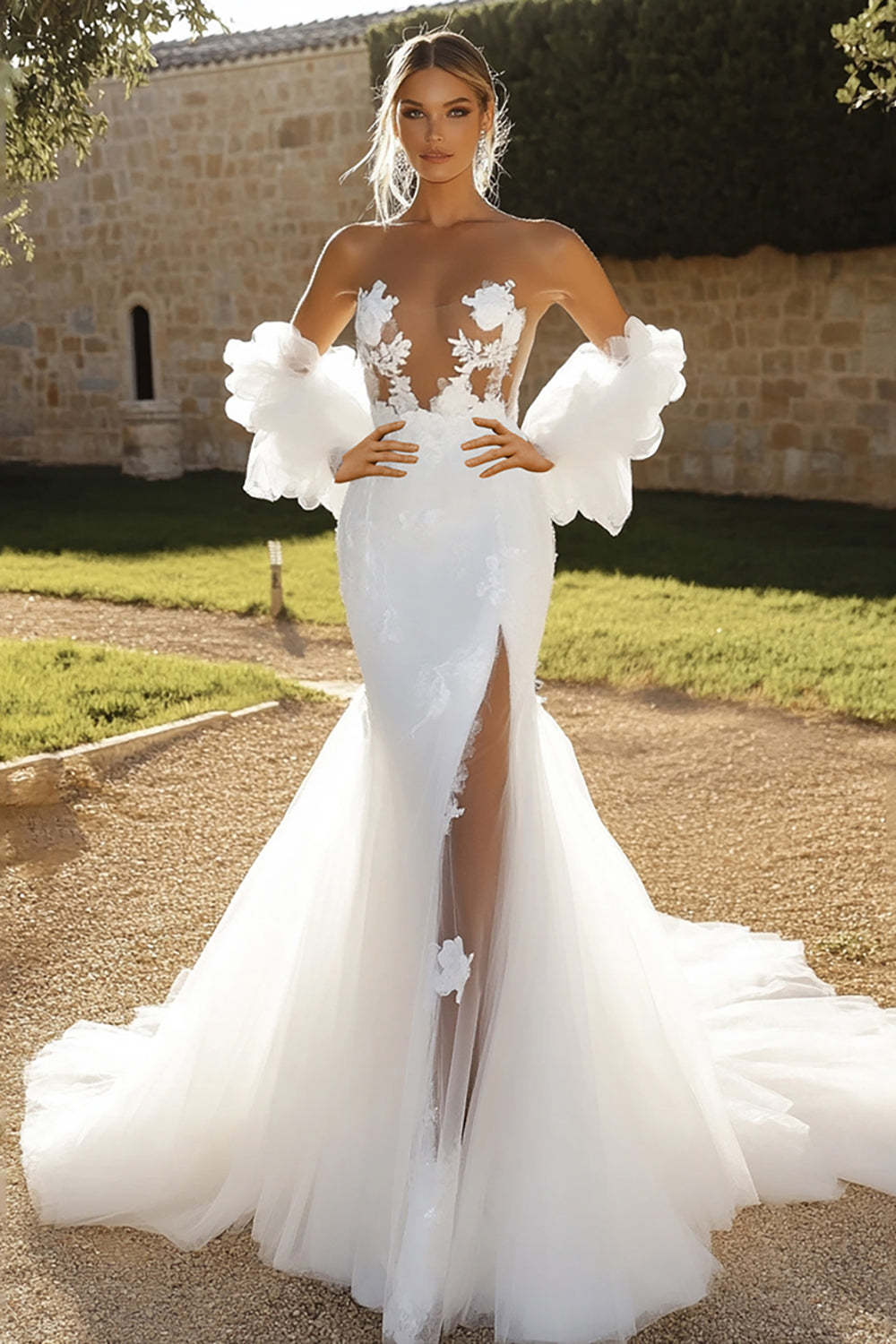 Leely Women Floral Ivory Tulle Wedding Dress with Slit Fitted Lace Half Sleeves Long Bridal Dress