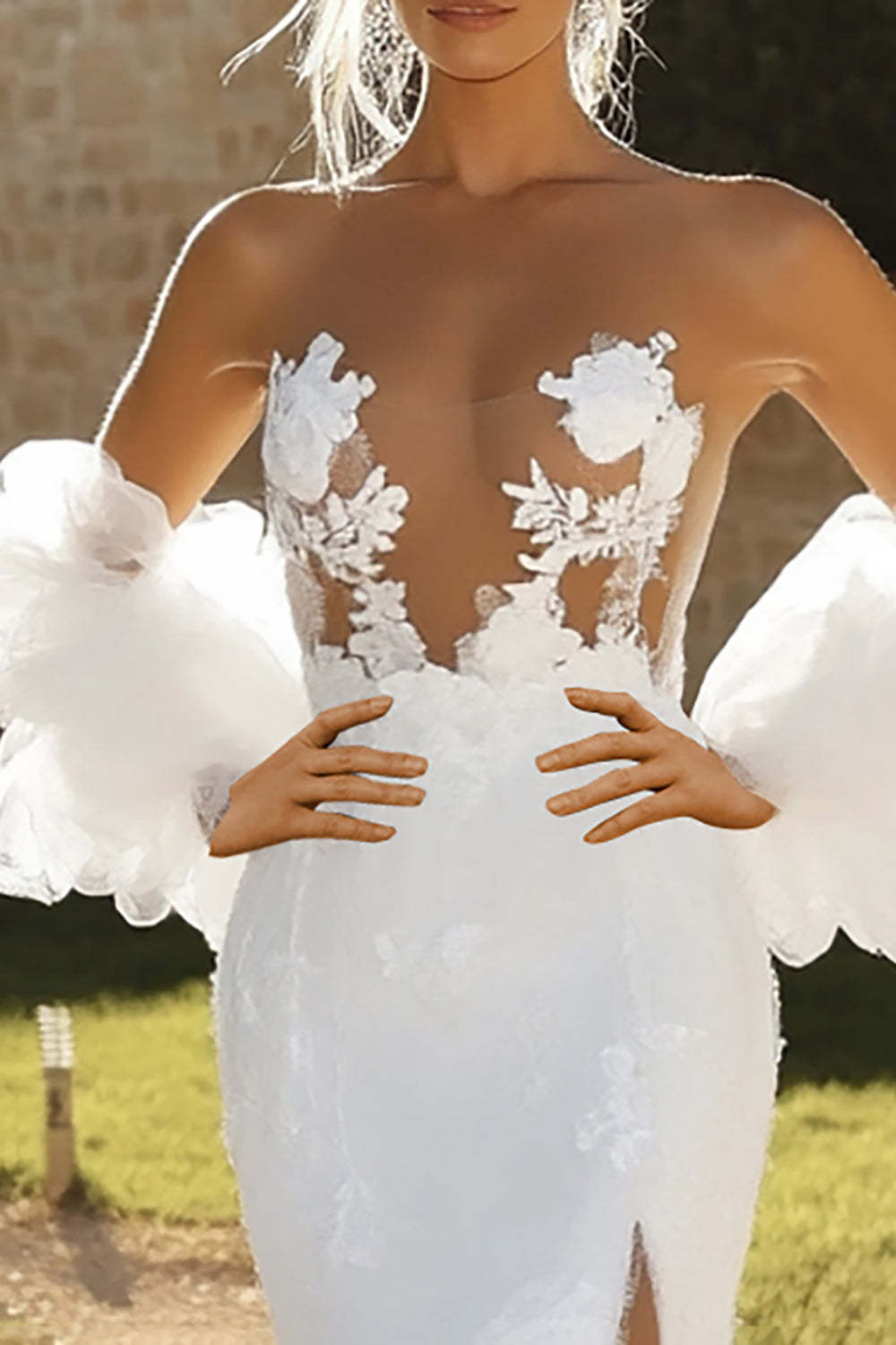 Ivory Strapless 3D Flowers Long Wedding Dress with Slit