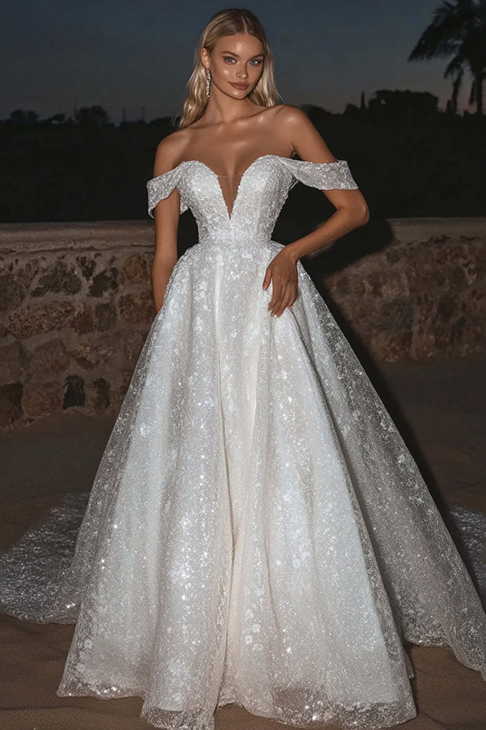 Leely Women Floral Ivory Lace Wedding Dress Sparkly Ball Gown Off the Shoulder Floor Length Bridal Dress