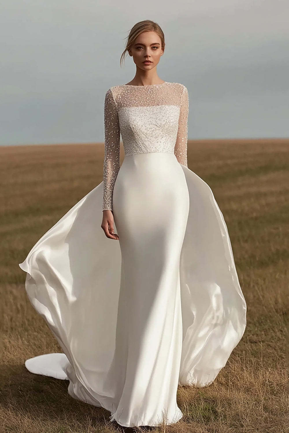 Leely Women Ivory Satin Sheath Wedding Dress with Back Cape Long Sleeves Floor Length Bridal Dress