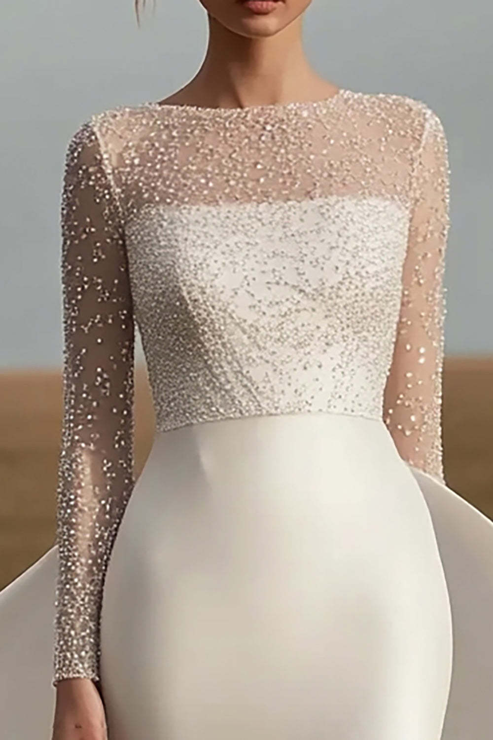 Ivory Satin Long Sleeves Sheath Wedding Dress with Back Cape