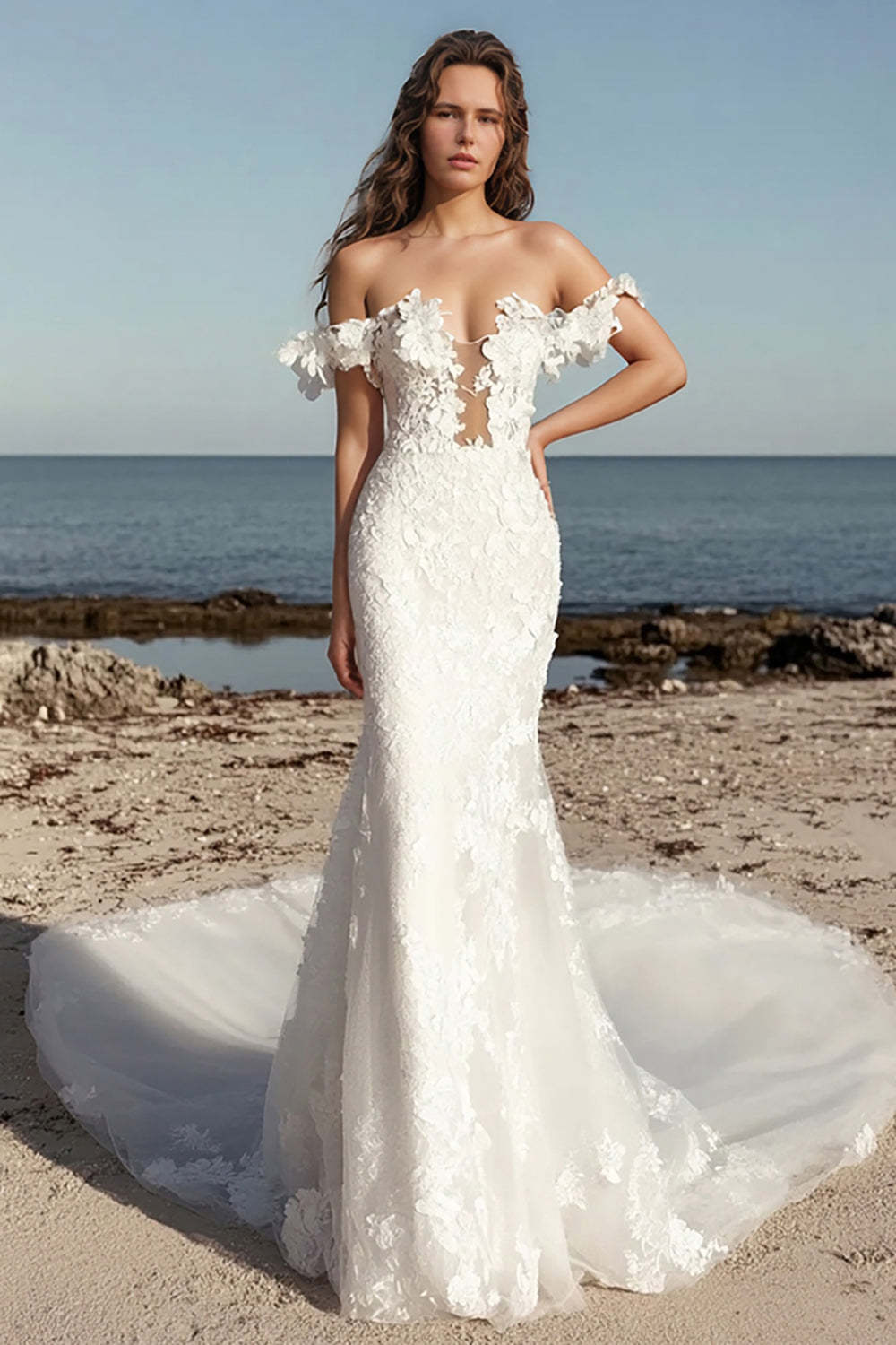 Leely Women Ivory Off the Shoulder Sheath Wedding Dress Sweetheart Lace Applique Sweep Train Bridal Dress
