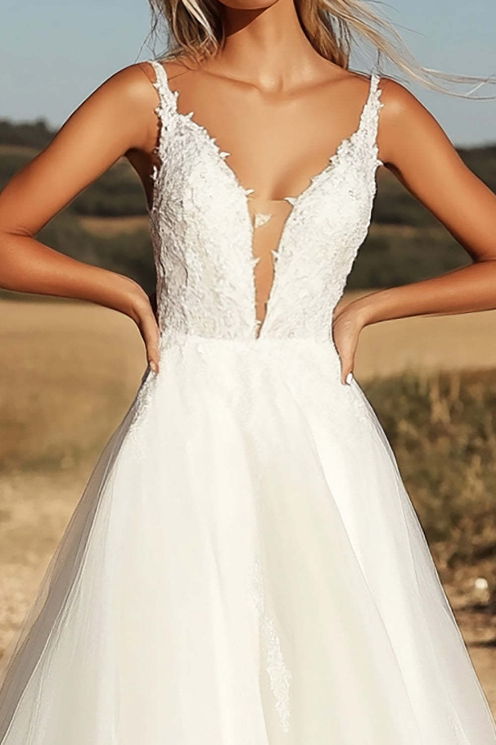 Ivory V-Neck Corset Ball Gown Wedding Dress with Lace