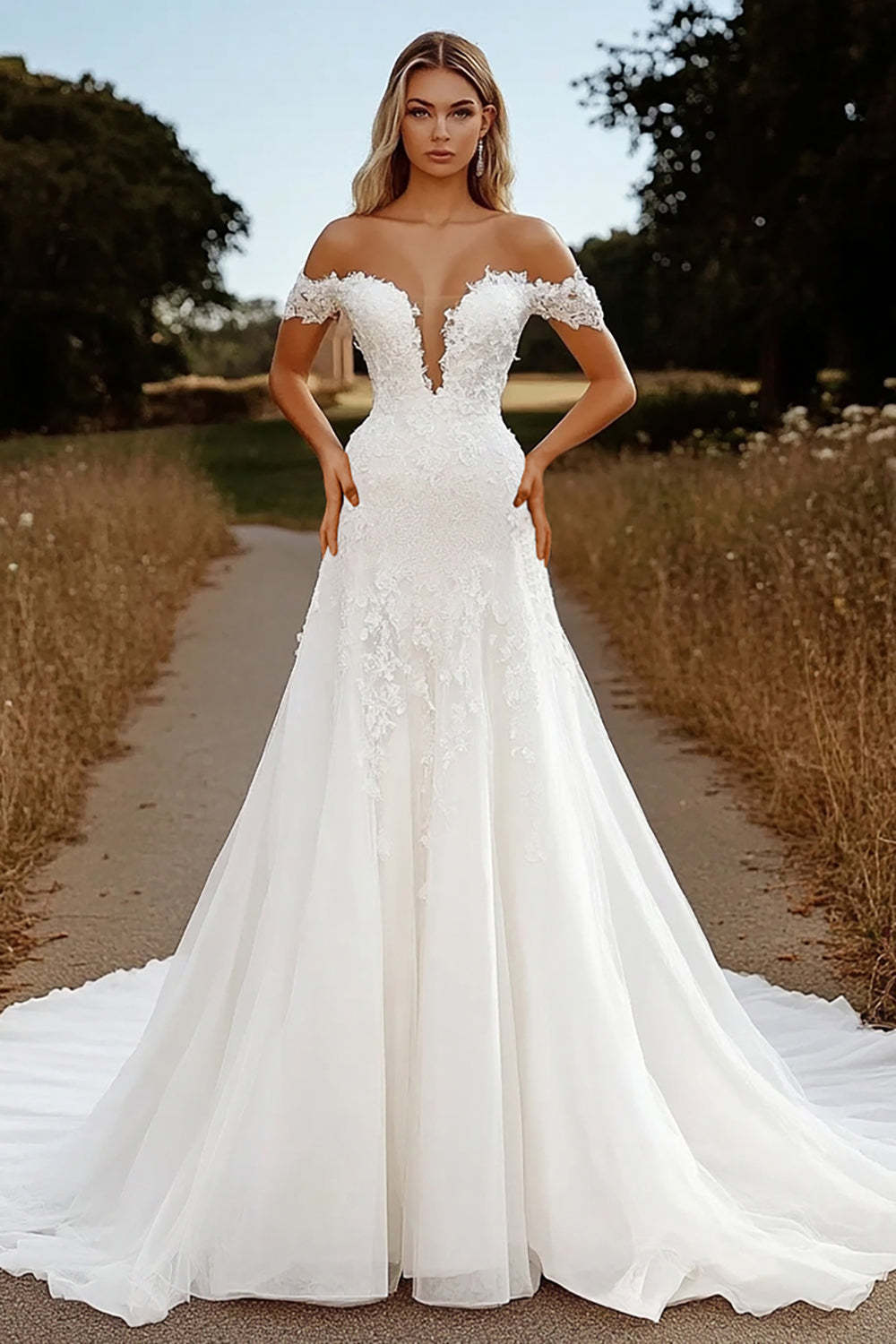 Leely Women Ivory Tulle A Line Wedding Dress with Lace Off the Shoulder Corset V-Neck Long Bridal Dress