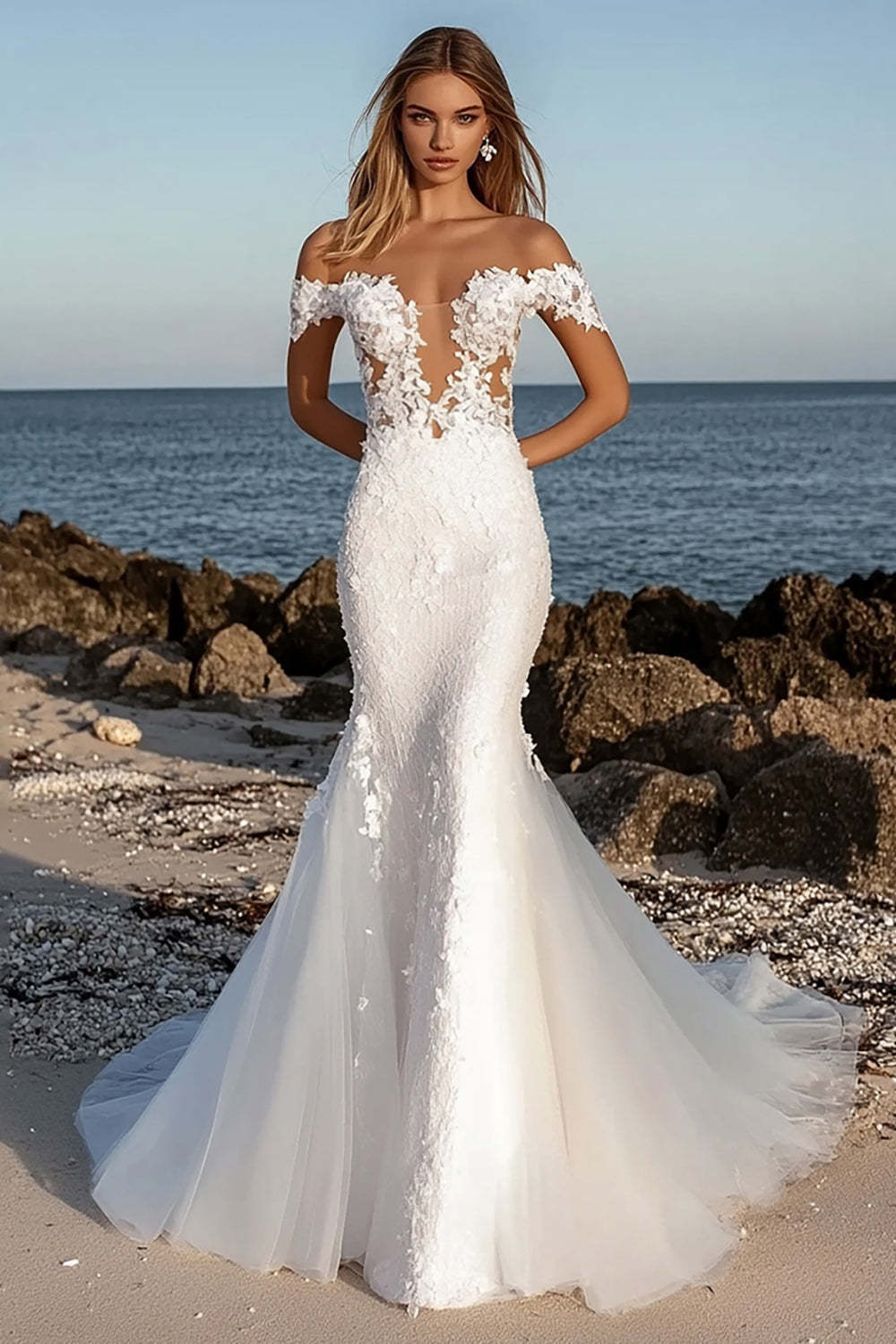 Leely Women Floral Ivory Lace Mermaid Wedding Dress Off the Shoulder Corset Long Bridal Dress