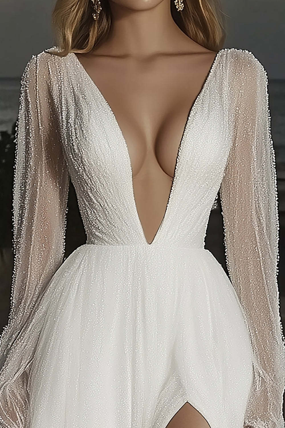 Deep V-Neck Ivory Long Sleeves Wedding Dress with Slit