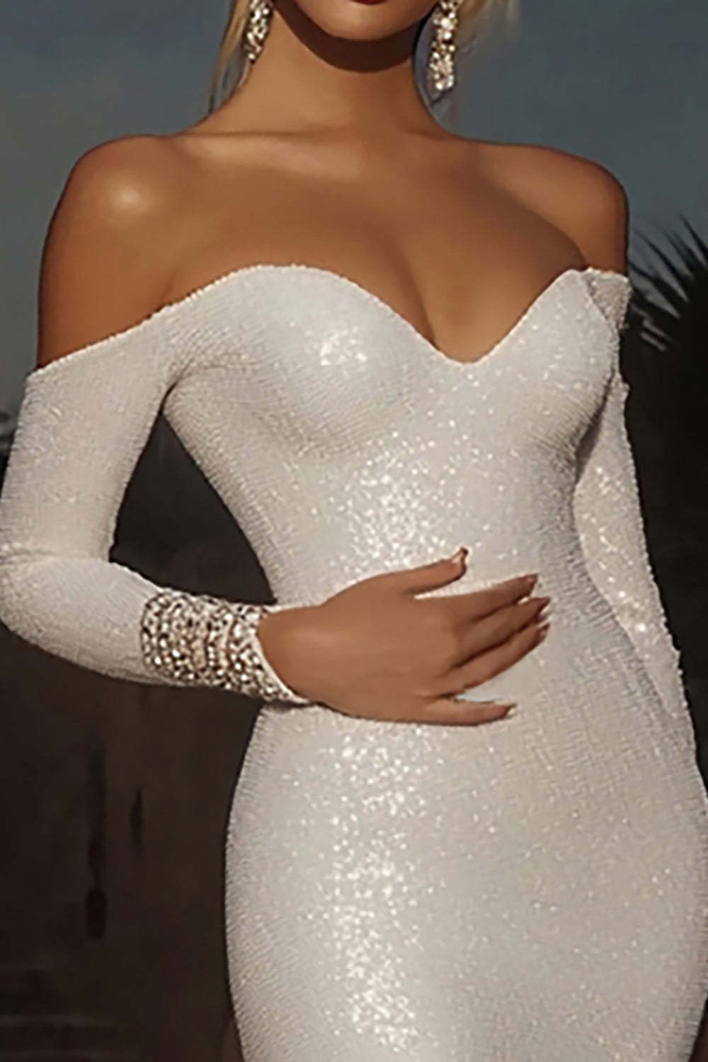 Ivory Sparkly Sequin Off the Shoulder Long Wedding Dress