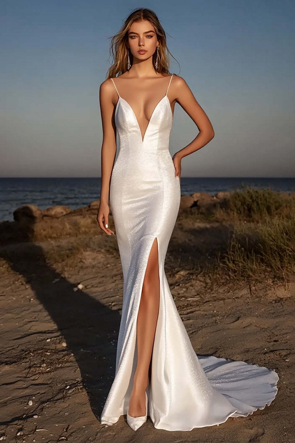 Leely Women Ivory Sparkly Mermaid Wedding Dress with Slit V-Neck Spaghetti Straps Bridal Dress