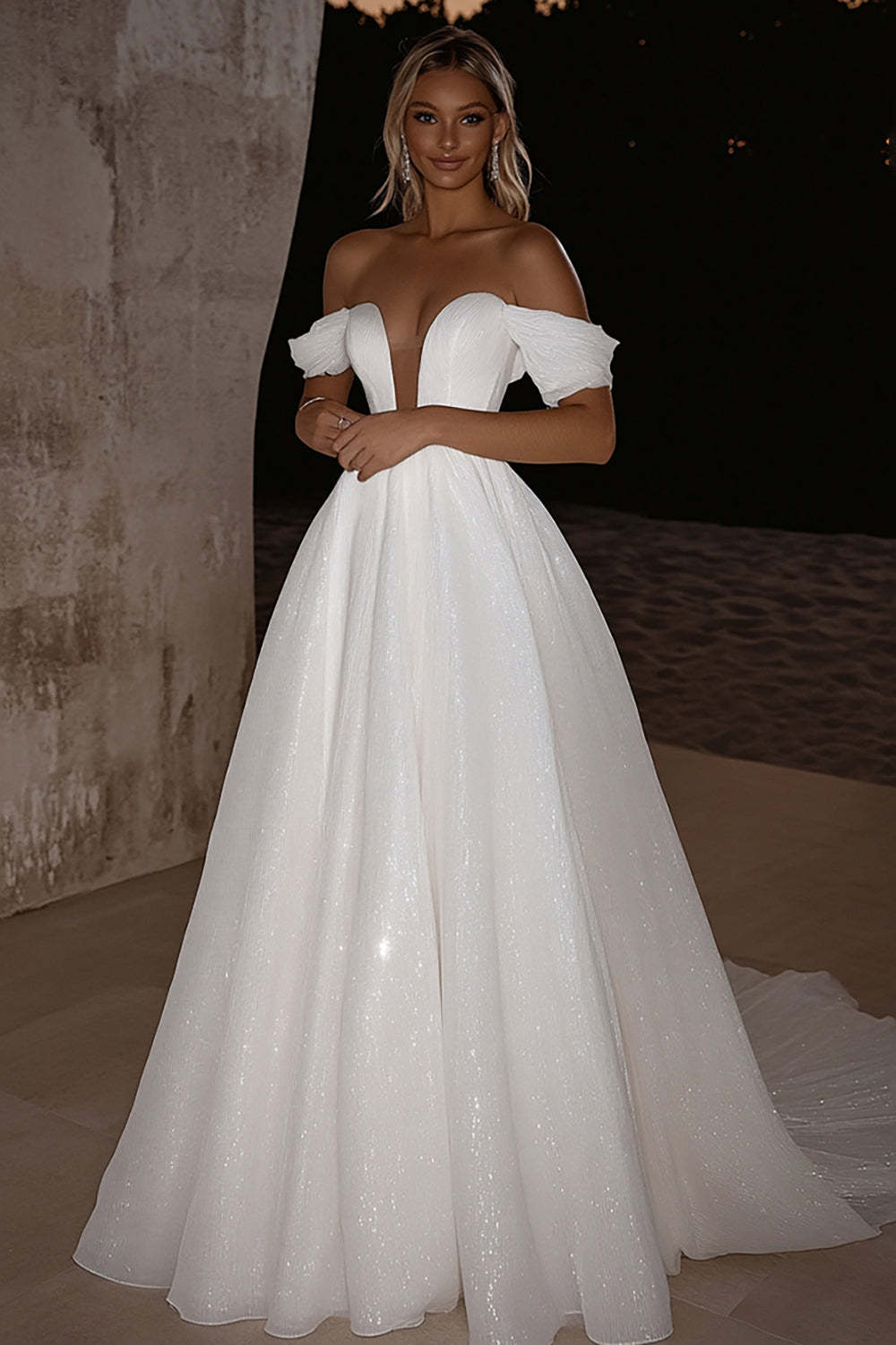 Leely Women Glitter Ivory Off the Shoulder A Line Wedding Dress Strapless V Neck Sweep Train Bridal Dress