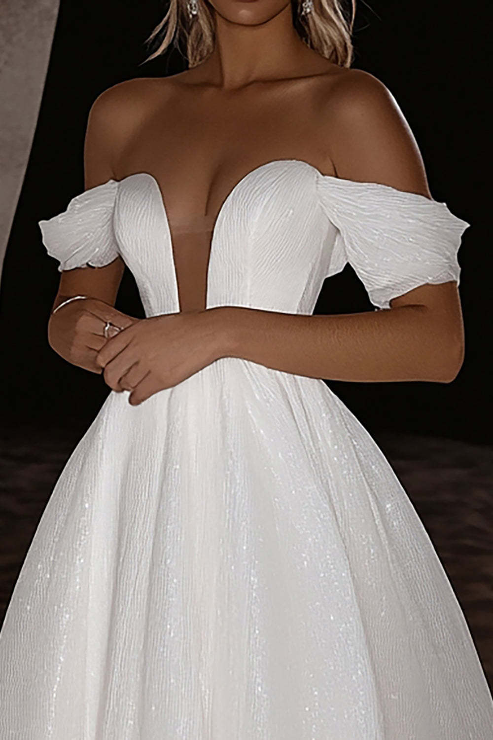 Glitter Ivory Off the Shoulder A Line Sweep Train Wedding Dress