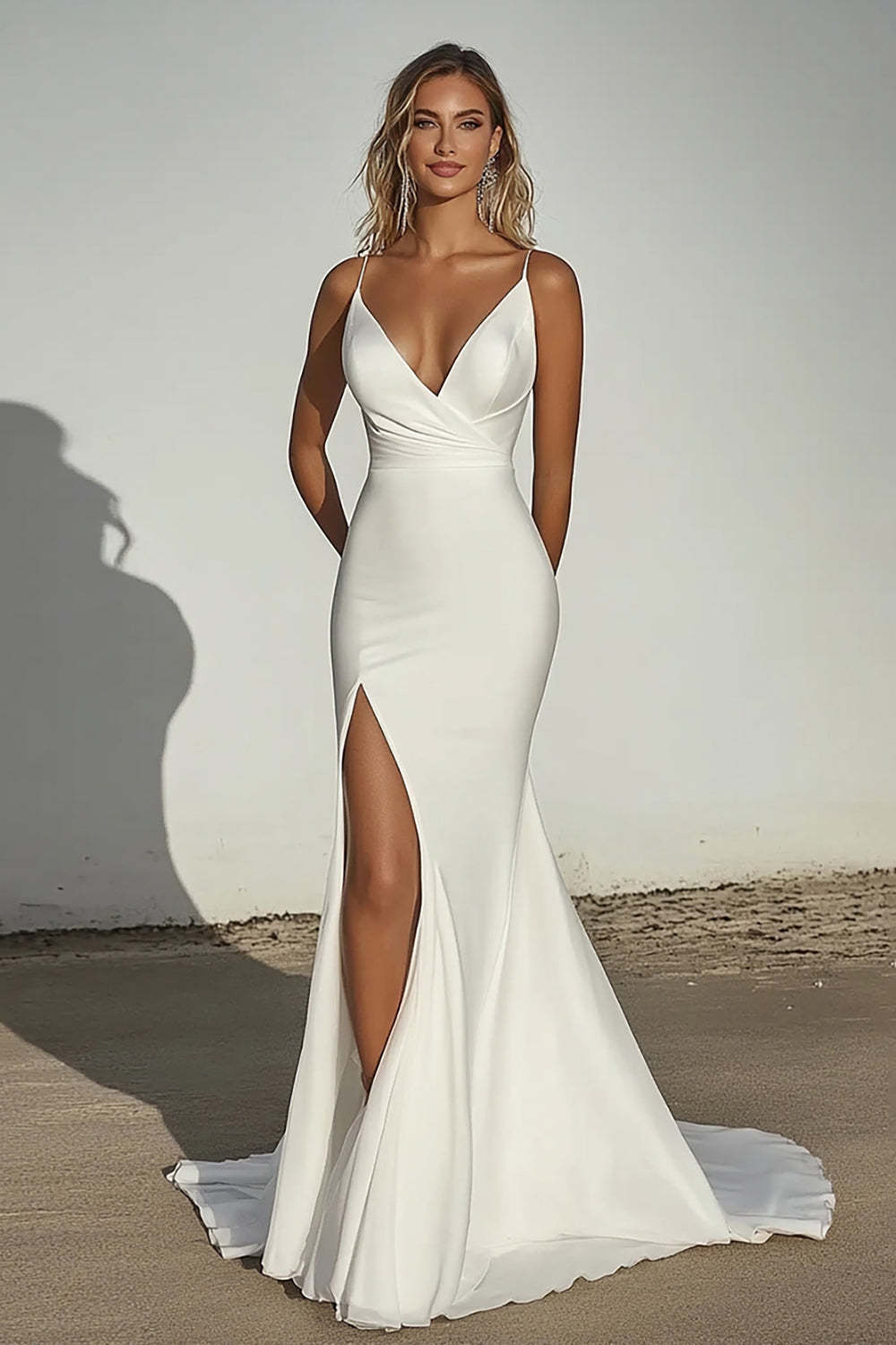 Leely Women Ivory Spaghetti Straps Matte Satin Mermaid Wedding Dress with Slit Floor Length Bridal Dress