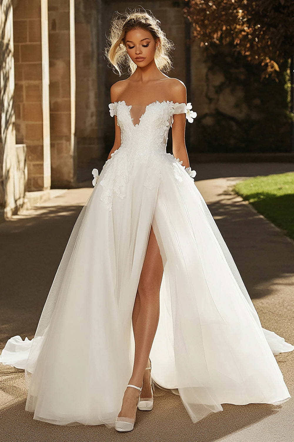 Leely Women Ivory Tulle A Line Applique Wedding Dress with Slit Off the Shoulder Floor Length Bridal Dress