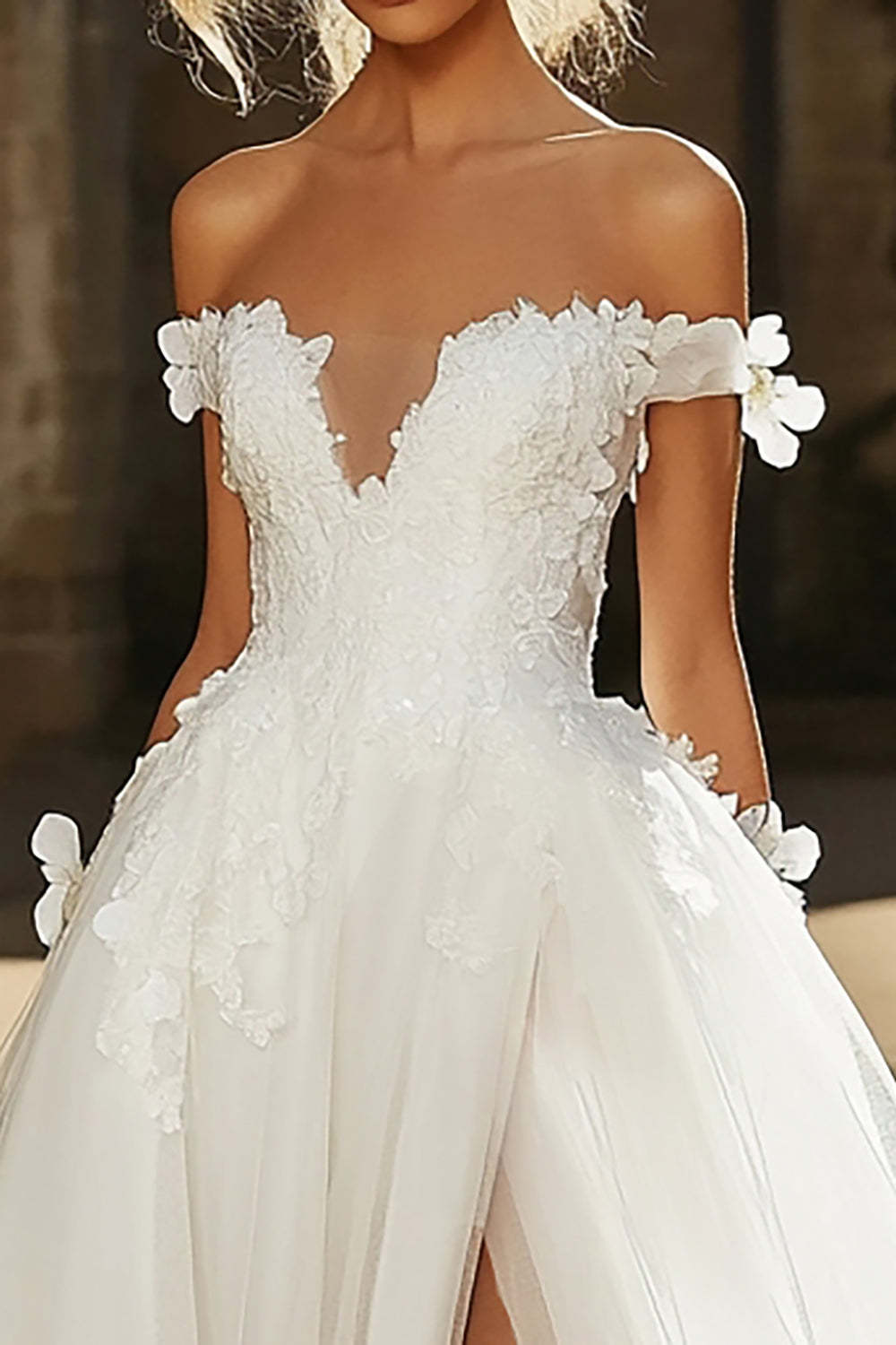 Ivory Off the Shoulder Tulle A Line Applique Wedding Dress with Slit