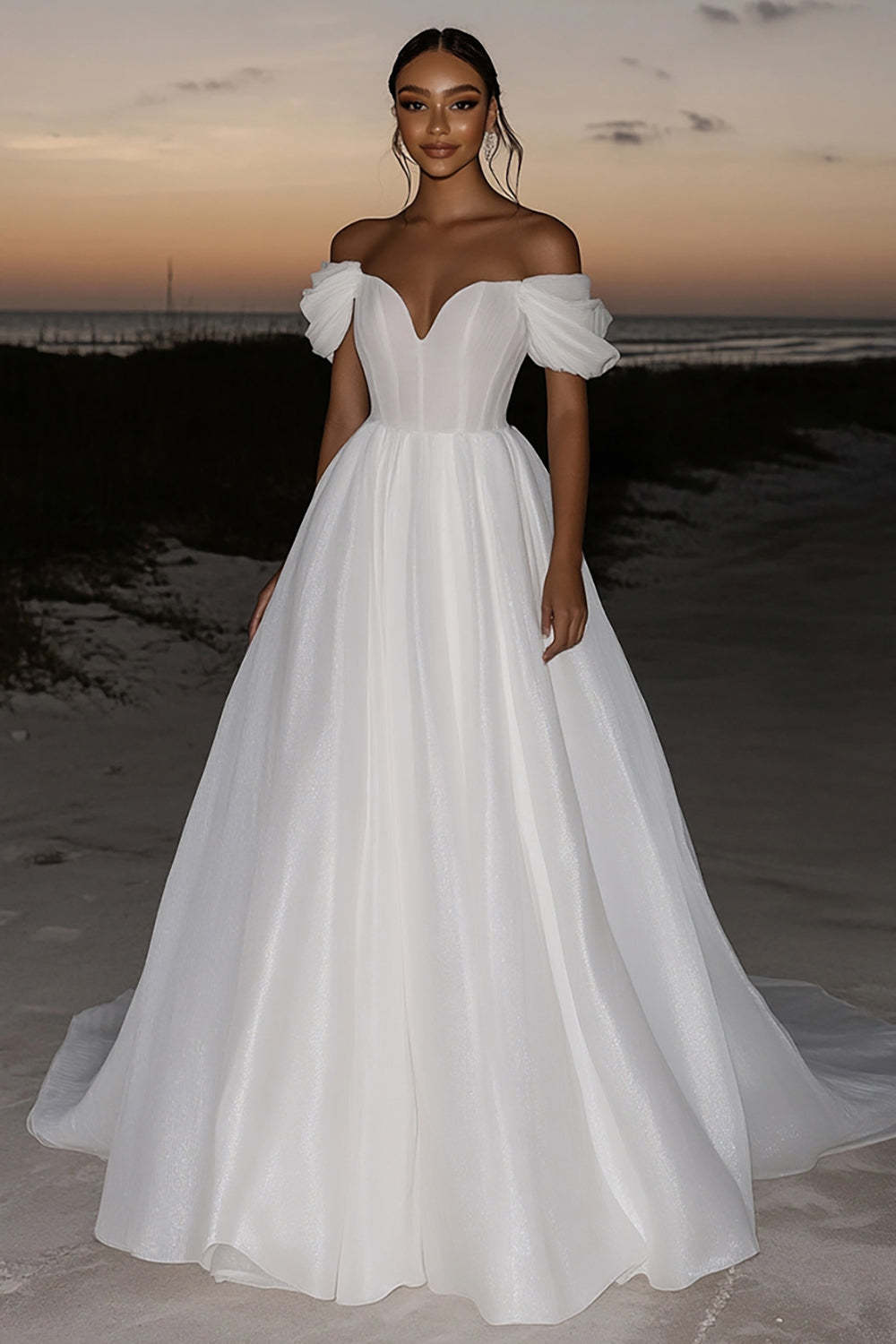 Leely Women Ivory Off the Shoulder Organza A Line Wedding Dress with Drape Sweep Train Bridal Dress