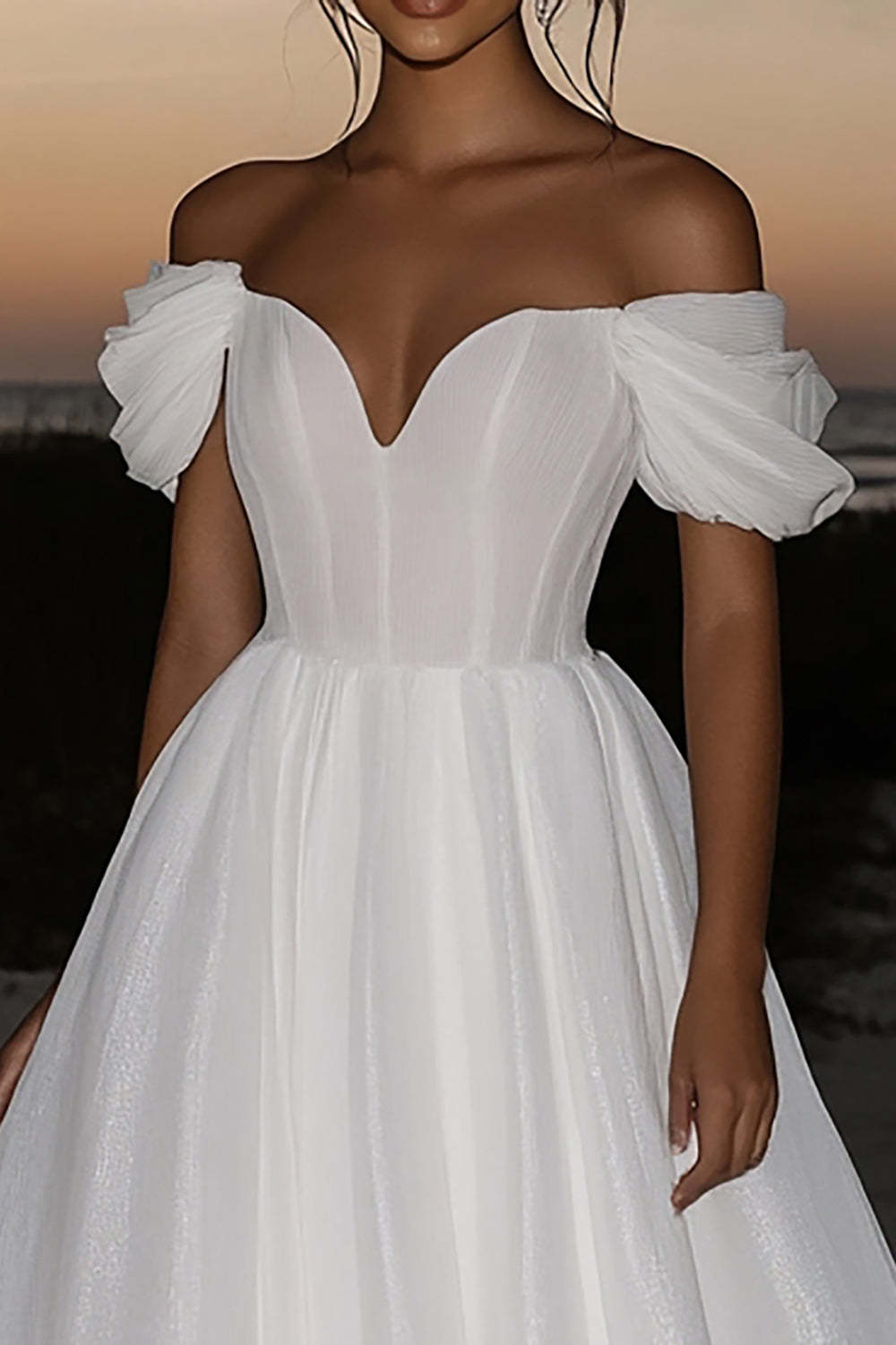 Ivory Off the Shoulder Organza A Line Wedding Dress with Drape