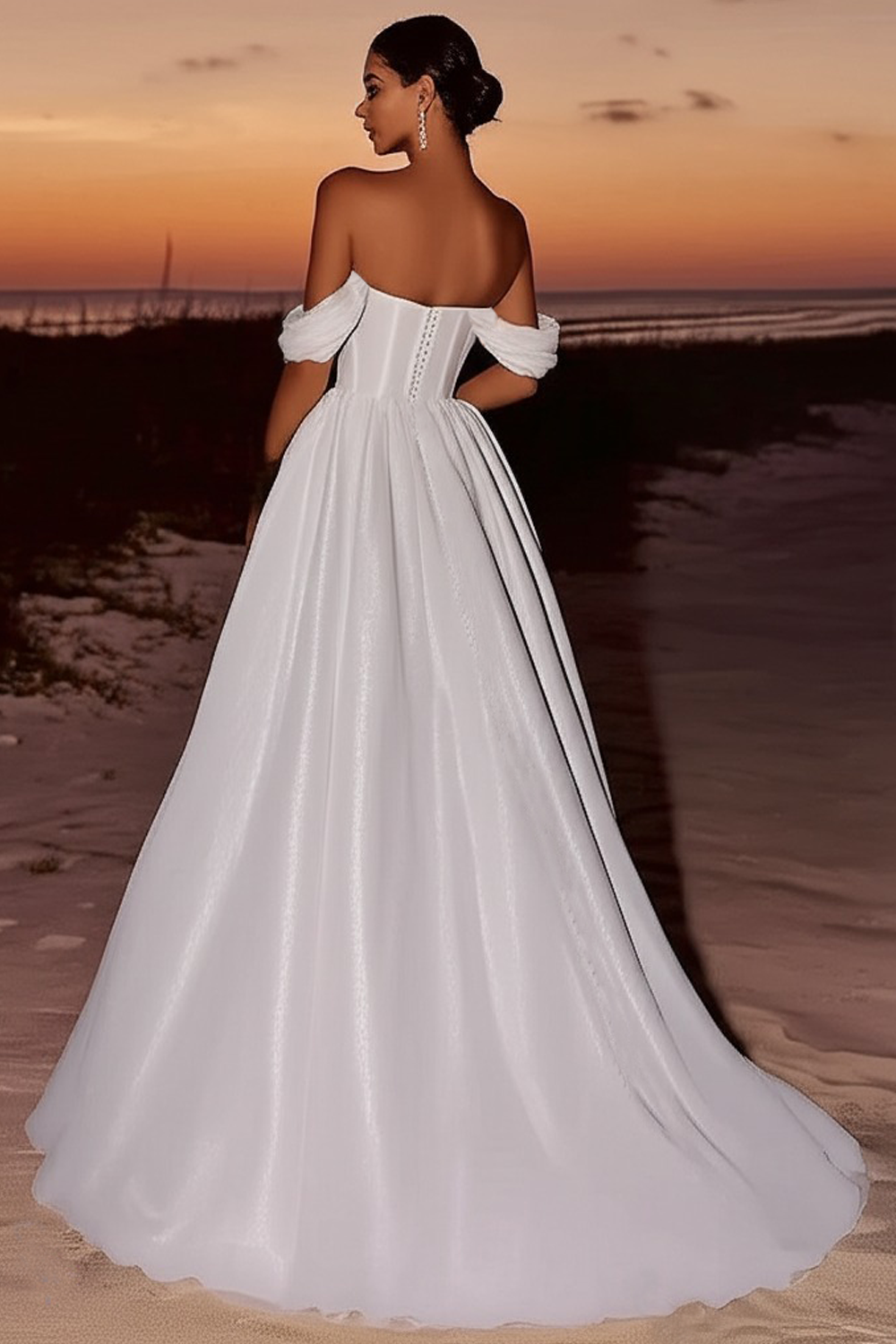 Ivory Off the Shoulder Organza A Line Wedding Dress with Drape