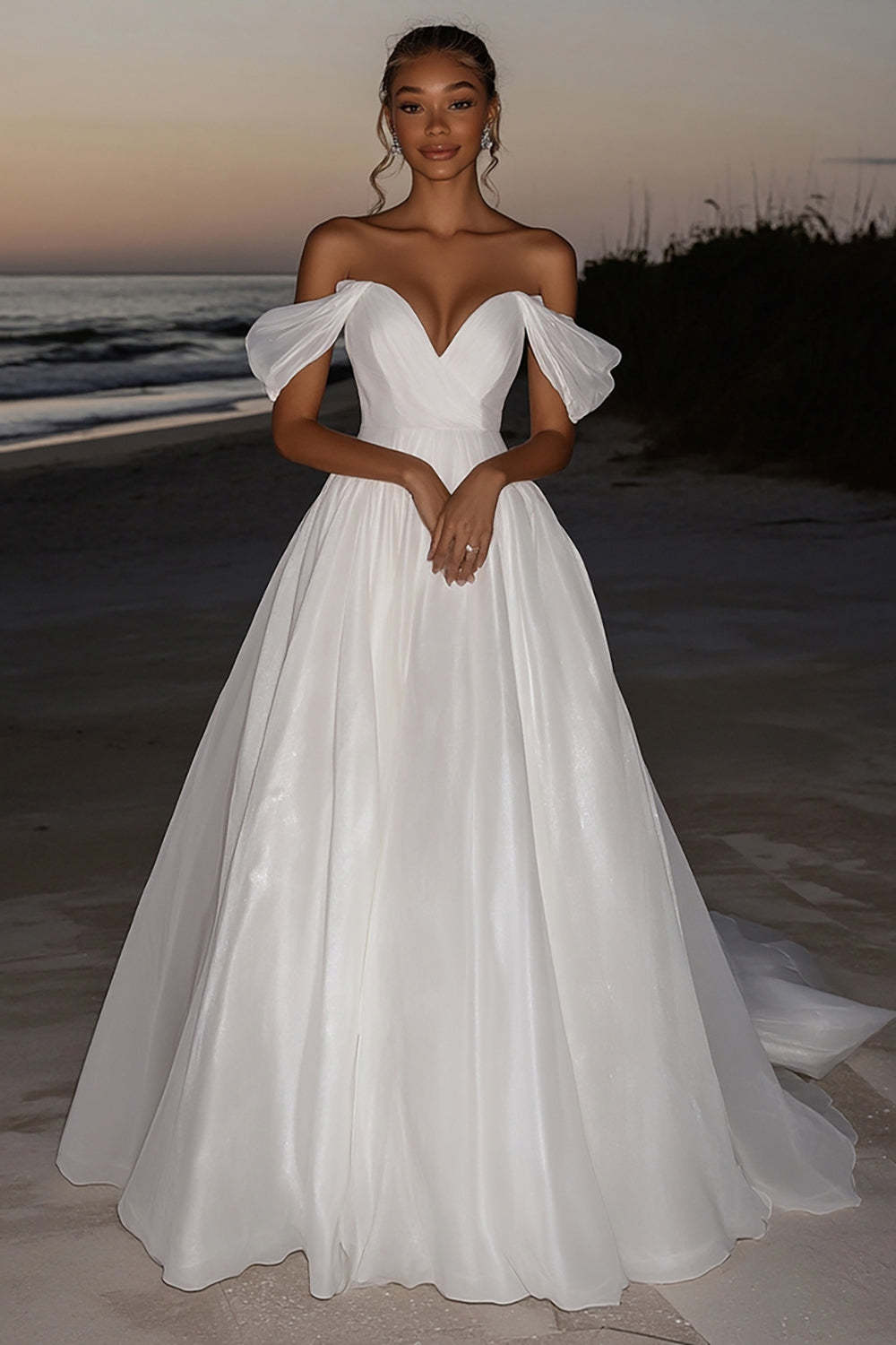 Leely Women Ivory Off the Shoulder A Line Taffeta Wedding Dress Strapless Floor Length Bridal Dress
