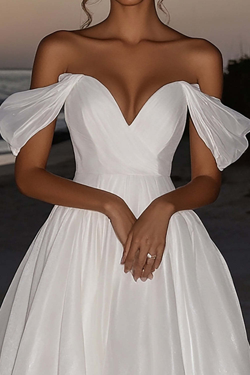 Ivory Off the Shoulder A Line Taffeta Floor Length Wedding Dress