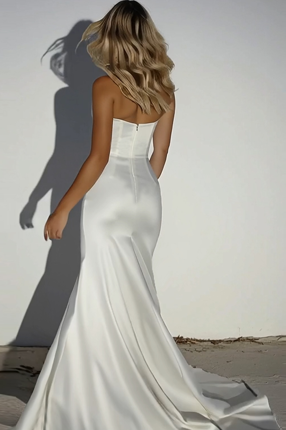 Ivory Sweetheart Mermaid Satin Wedding Dress with Slit