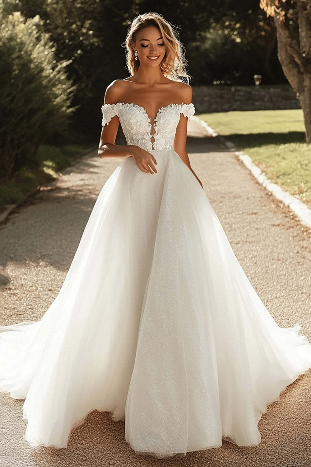 Leely Women Ivory Tulle A Line Wedding Dress with Lace Applique Off the Shoulder Sweep Train Bridal Dress