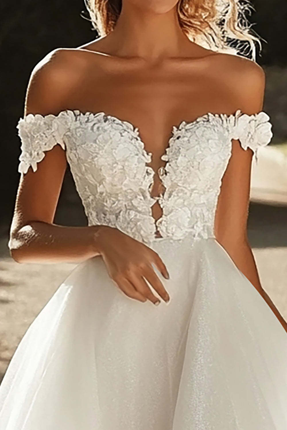 Ivory Off the Shoulder Tulle A Line Wedding Dress with Lace Applique