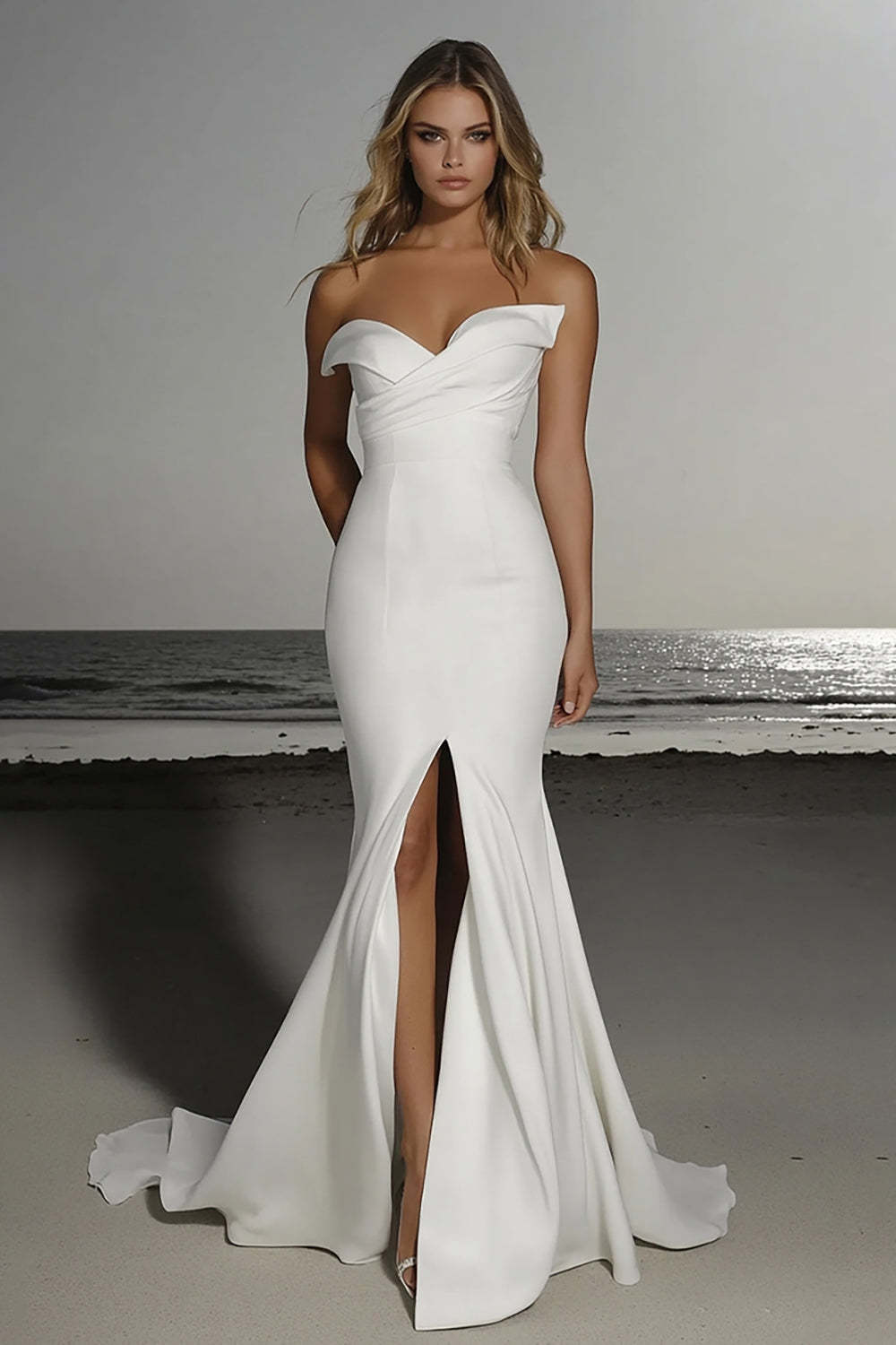 Leely Women Satin Ivory Mermaid Floor Length Wedding Dress with Slit Sweetheart Off the Shoulder Bridal Dress