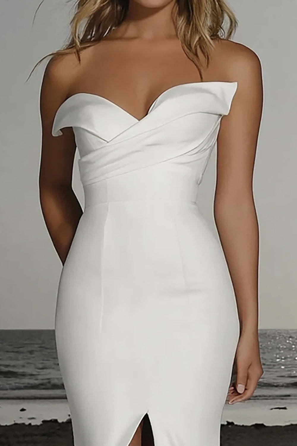 Off the Shoulder Satin Ivory Mermaid Floor Length Wedding Dress with Slit