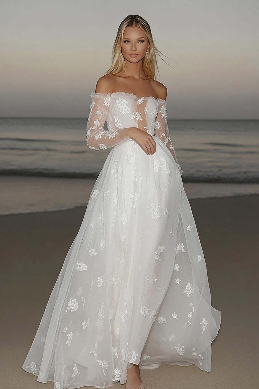 Leely Women Princess Off the Shoulder Tulle Ivory A Line Wedding Dress Applique Long Sleeves Bridal Dress