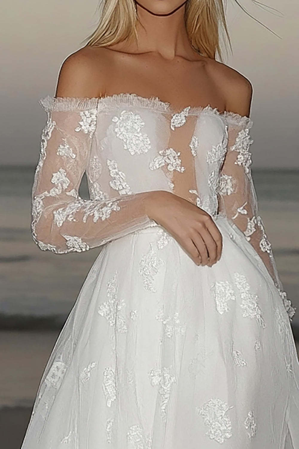 Princess Off the Shoulder Tulle Ivory A Line Applique Wedding Dress