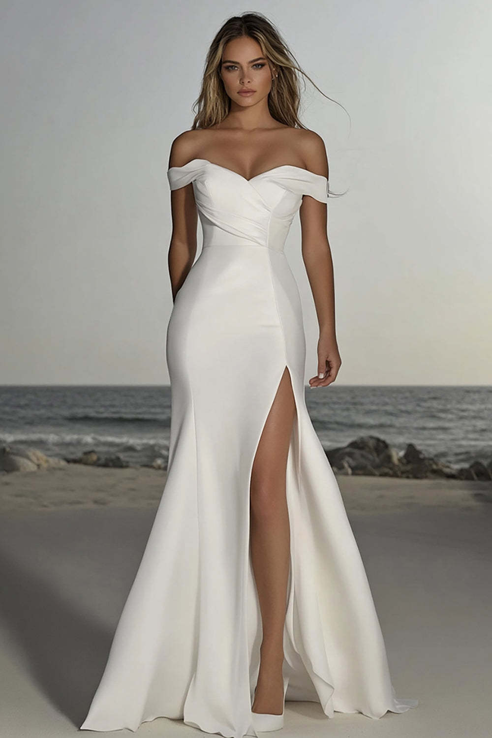 Leely Women Elegant Ivory Satin Sheath Wedding Dress with Slit Off the Shoulder Floor Length Bridal Dress