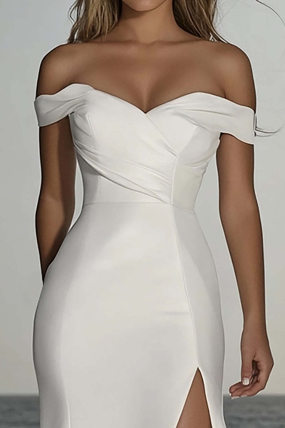 Elegant Ivory Off the Shoulder Satin Sheath Wedding Dress with Slit
