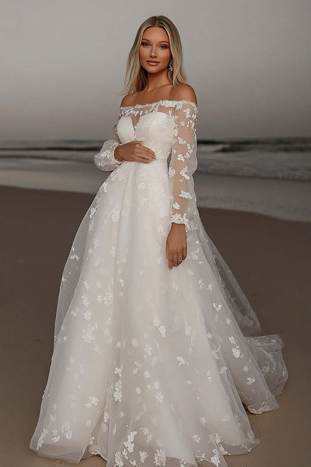 Leely Women Ivory Off the Shoulder Lace Applique A Line Wedding Dress Long Sleeves Floor Length Bridal Dress