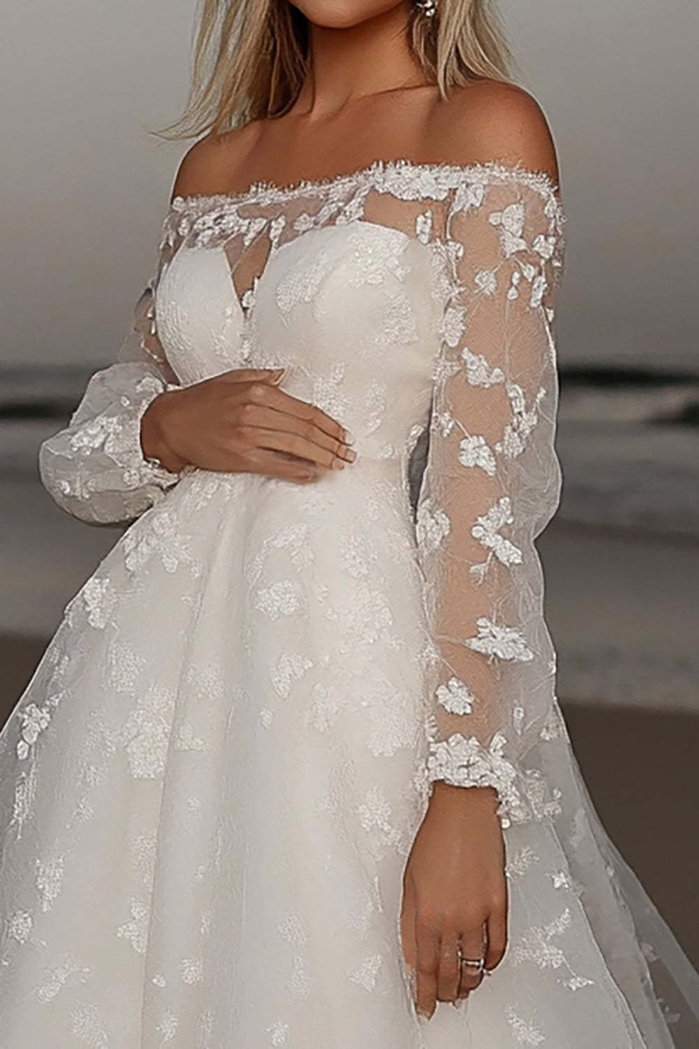 Ivory Off the Shoulder Lace Applique A Line Wedding Dress