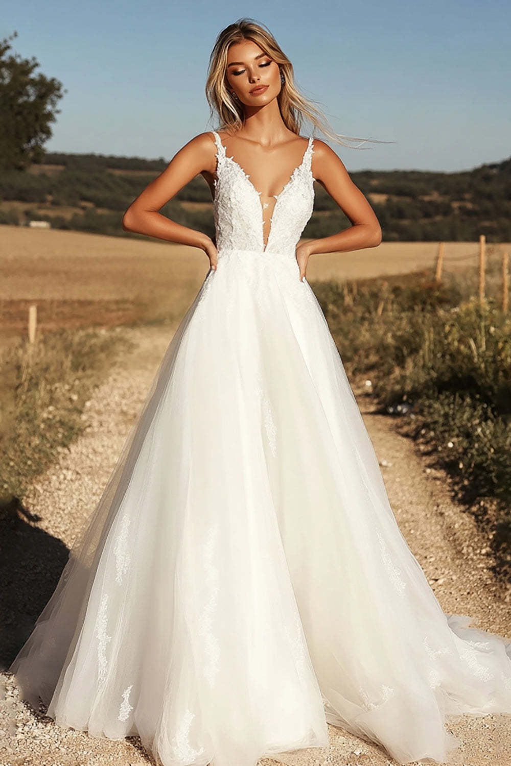 Leely Women Ivory V Neck Applique A Line Tulle Wedding Dress Sleeveless Floor Length Bridal Dress