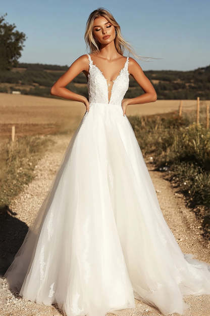 Leely Women Ivory V Neck Applique A Line Tulle Wedding Dress Sleeveless Floor Length Bridal Dress