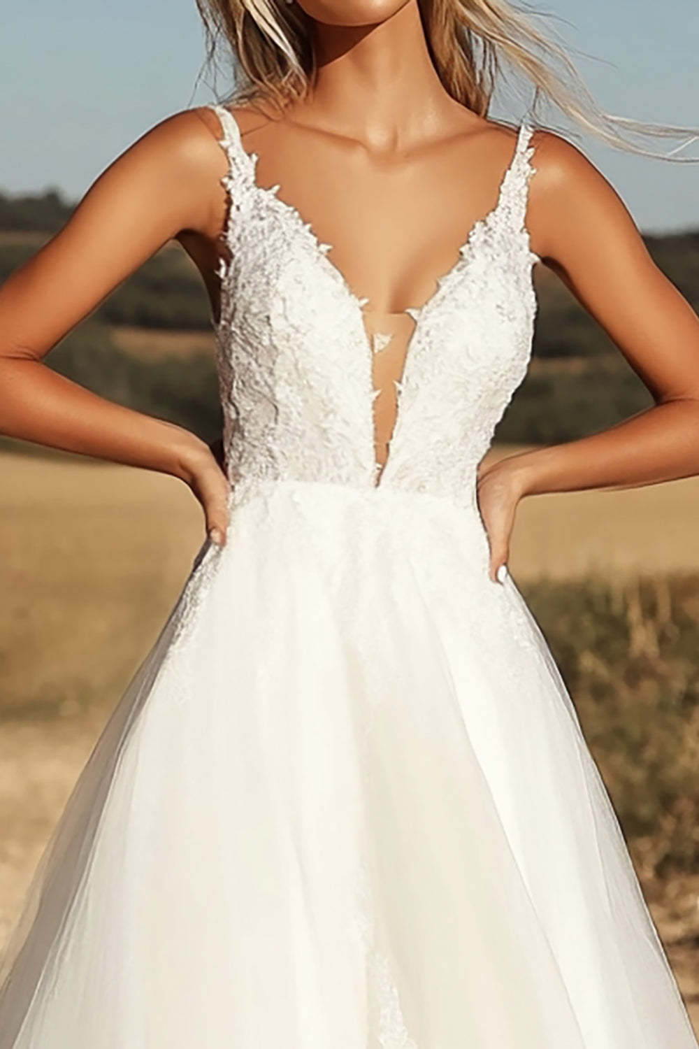 Ivory V Neck Applique A Line Tulle Floor Length Wedding Dress