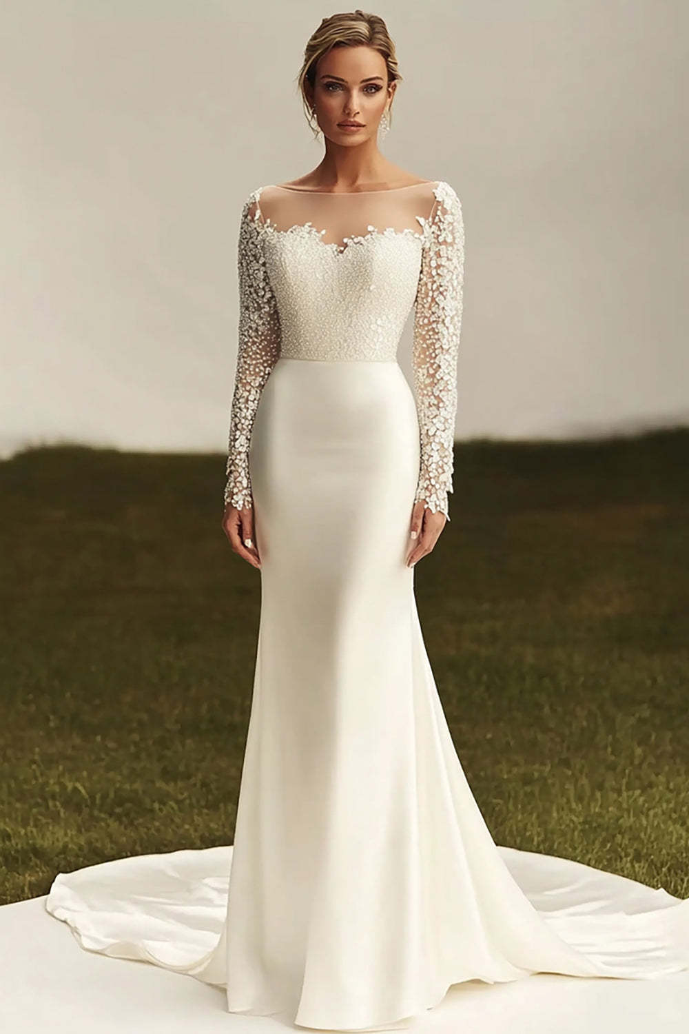 Leely Women Ivory Satin Sheath Wedding Dress with Lace Applique Long Sleeves Sweep Train Bridal Dress
