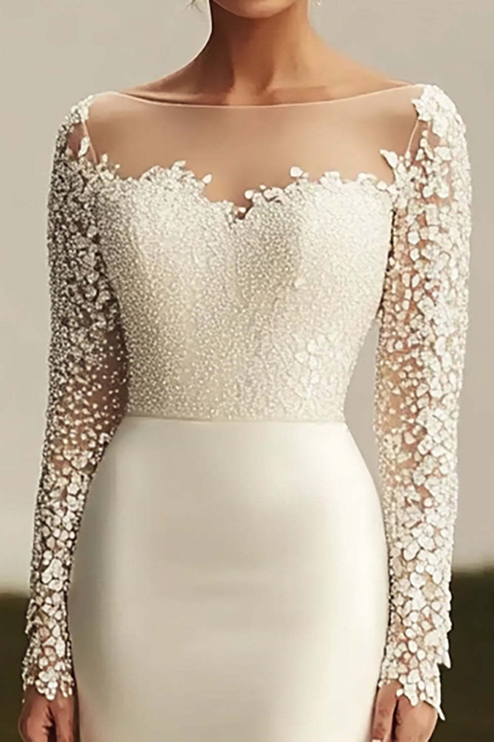 Ivory Satin Sheath Sweep Train Wedding Dress with Lace Applique