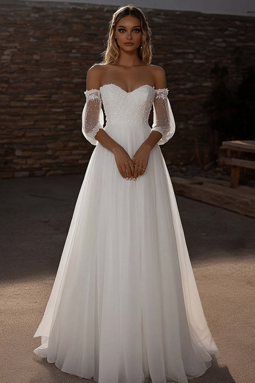Leely Women Sweetheart Ivory Tulle A Line Wedding Dress with Lace Strapless Floor Length Bridal Dress
