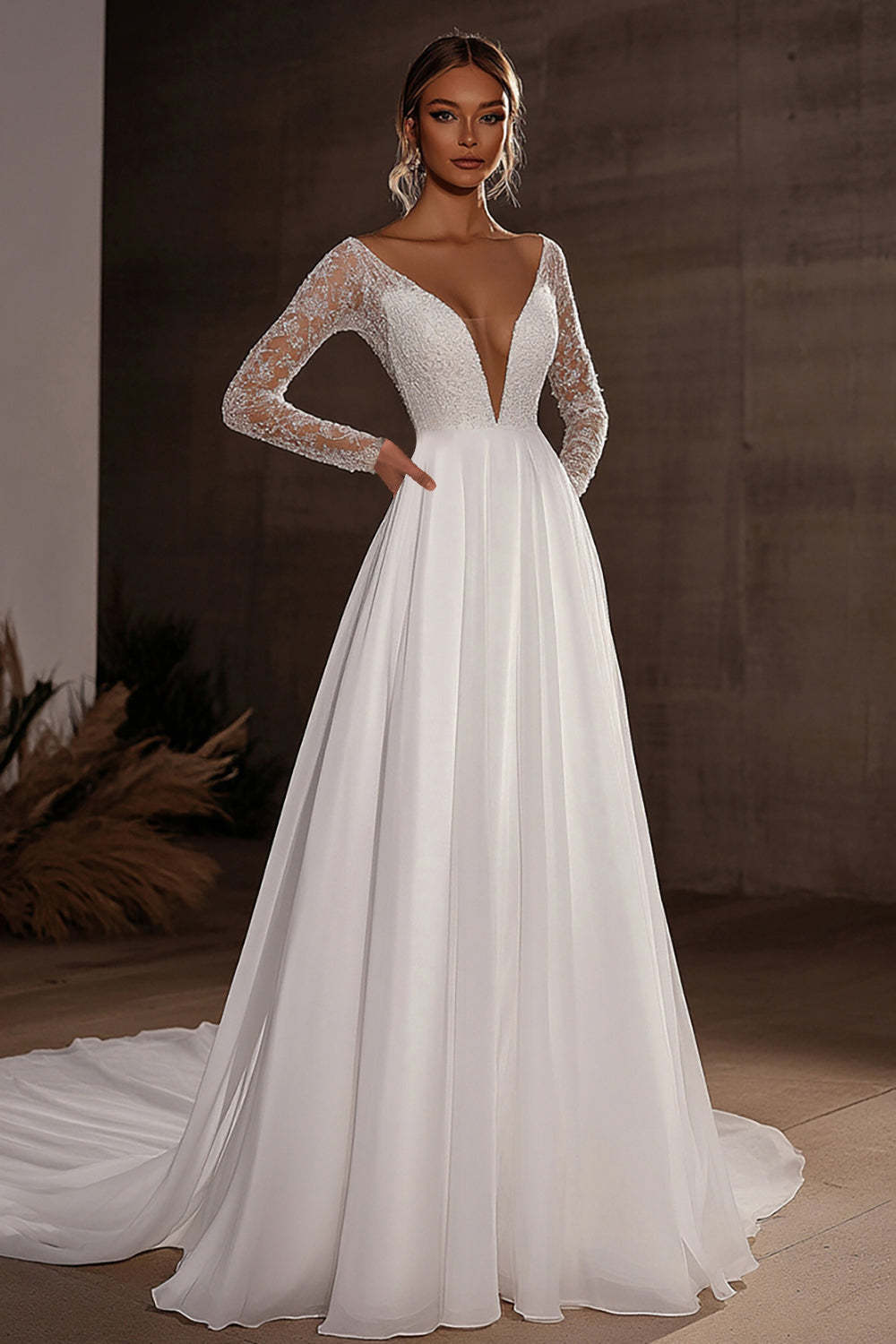 Leely Women Deep V Neck Ivory A Line Wedding Dress Lace Applique Sweep Train Bridal Dress