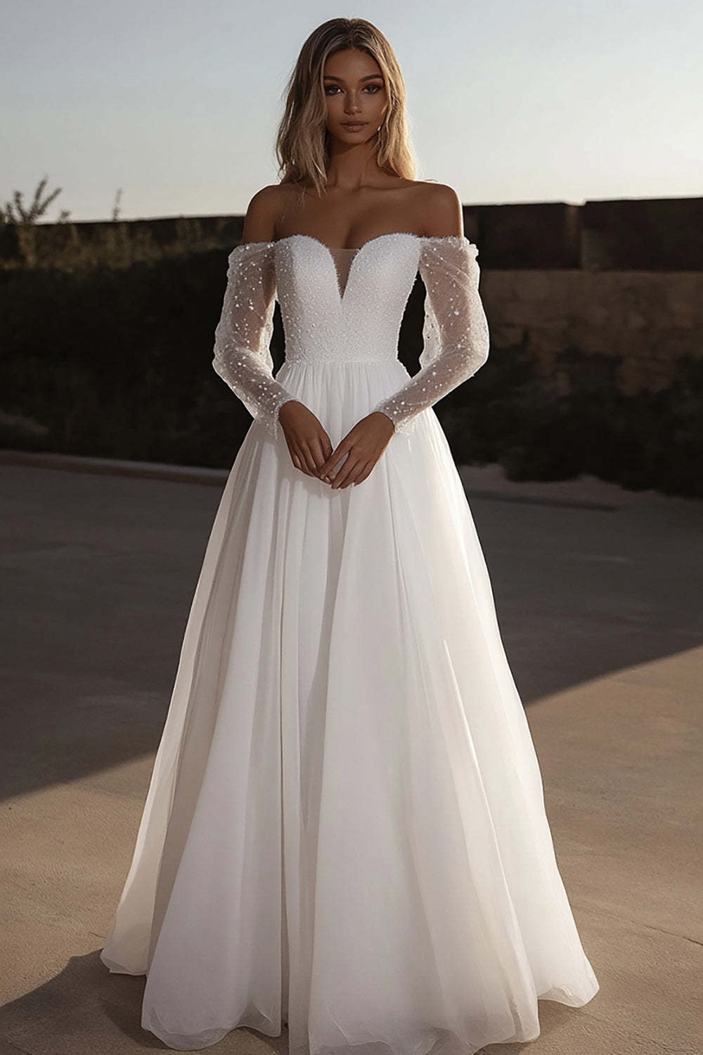 Leely Women Off the Shoulder Organza Ivory A Line Wedding Dress Long Sleeves Floor Length Bridal Dress