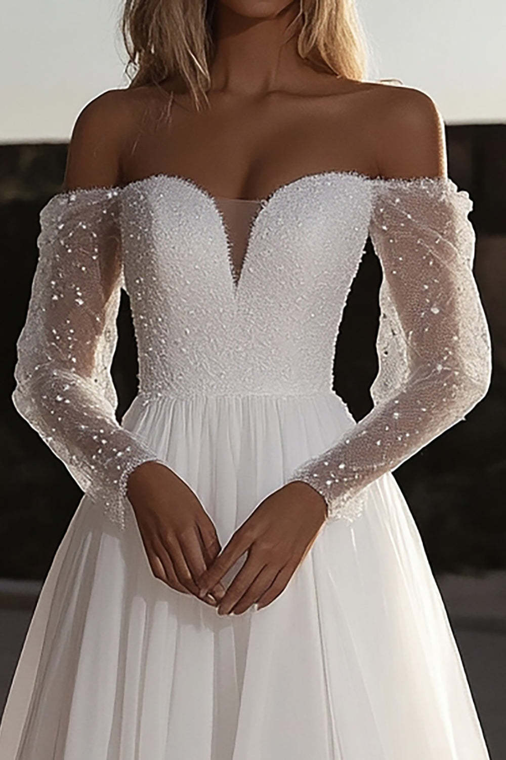 Off the Shoulder Organza Ivory Long Sleeves A Line Wedding Dress