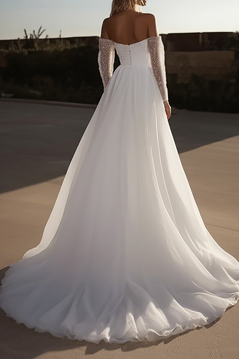 Off the Shoulder Organza Ivory Long Sleeves A Line Wedding Dress