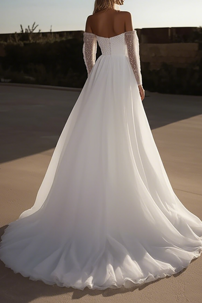 Off the Shoulder Organza Ivory Long Sleeves A Line Wedding Dress