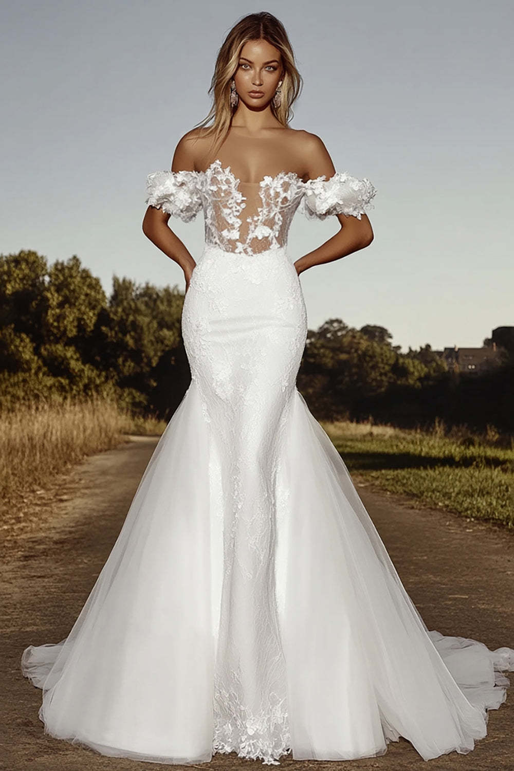 Leely Women Off the Shoulder Tulle Ivory Mermaid Wedding Dress Applique Sweep Train Bridal Dress