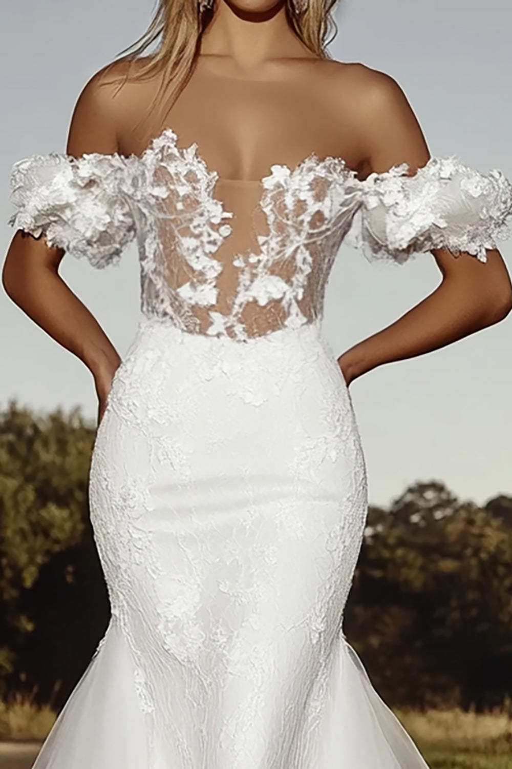 Off the Shoulder Tulle Ivory Applique Mermaid Wedding Dress