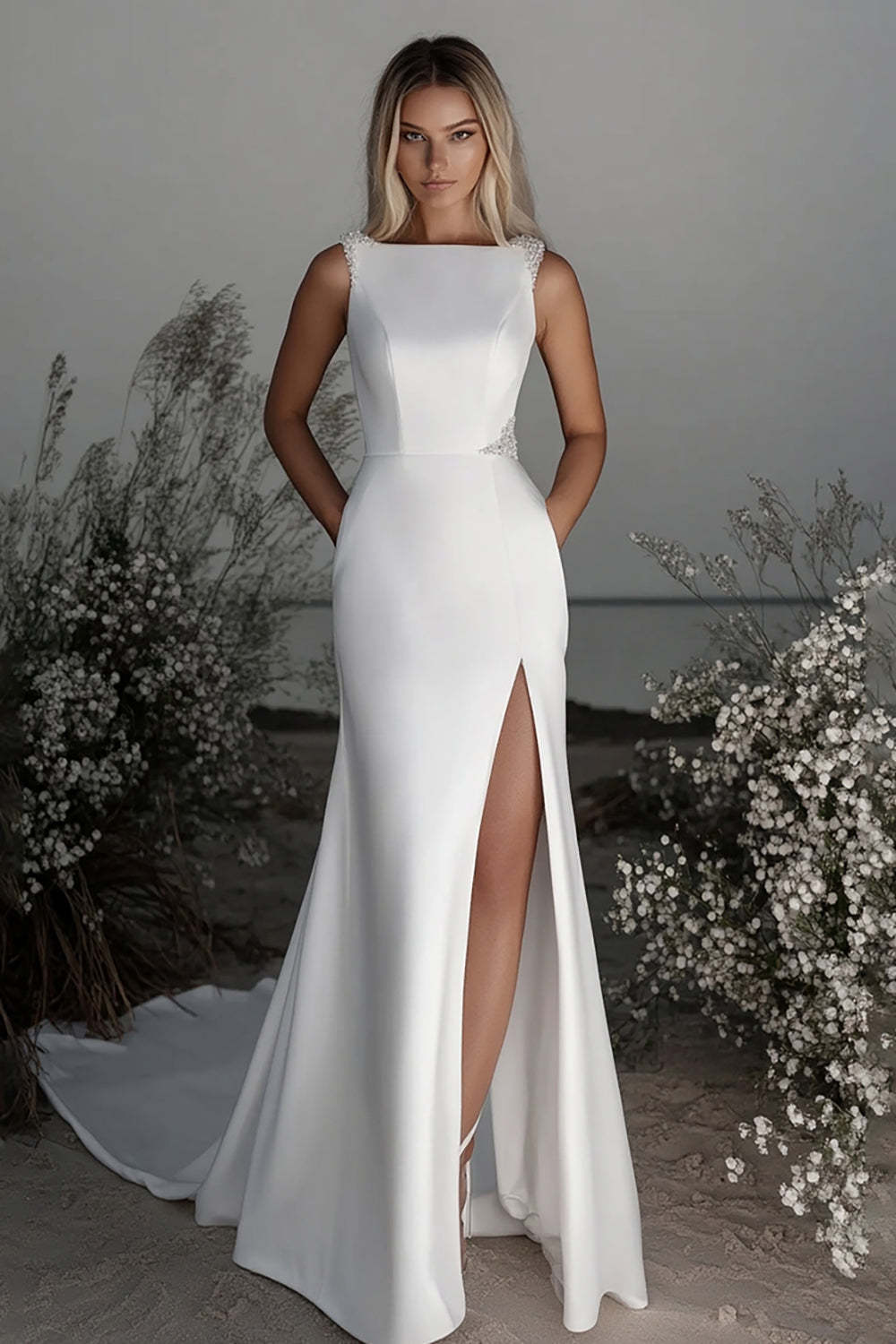 Leely Women Satin Boat Neck Ivory Sheath Wedding Dress with Slit Sleeveless Sweep Train Bridal Dress
