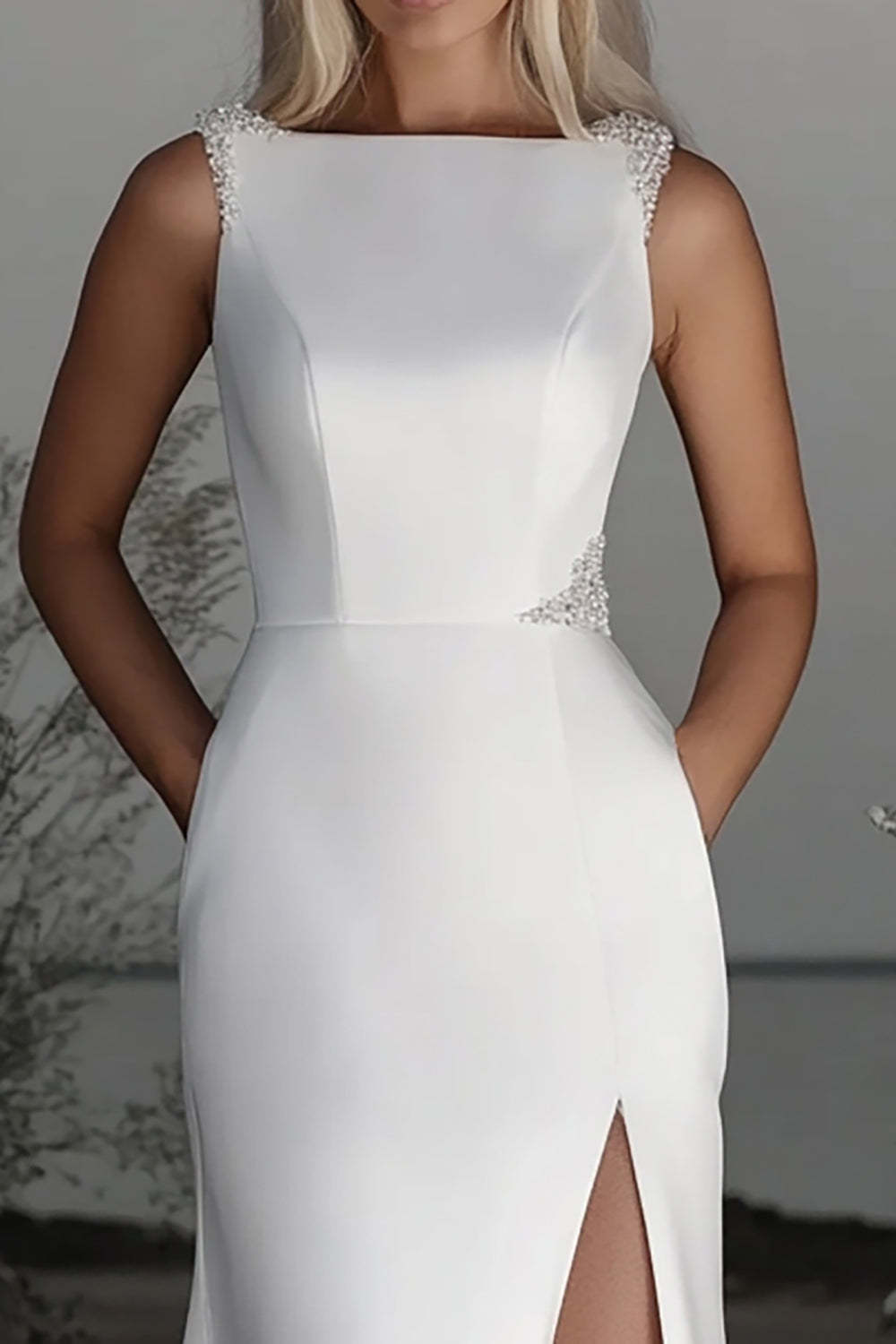 Satin Boat Neck Ivory Sheath Sweep Train Wedding Dress with Slit
